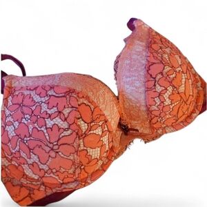 VICTORIA'S SECRET Padded Bright Pink Purple Trim Lace Push-Up Bra - 32B